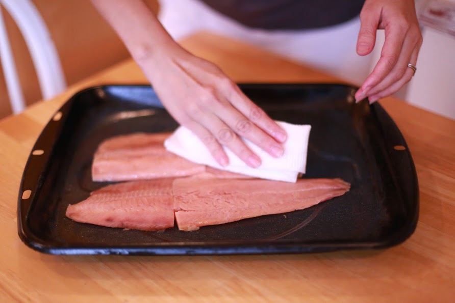 Easy Salmon with Creamy Dill Sauce - Simple Kitchen Series - by Abby Sasscer | Salmon Fillets in Baking Dish, Pat Dry