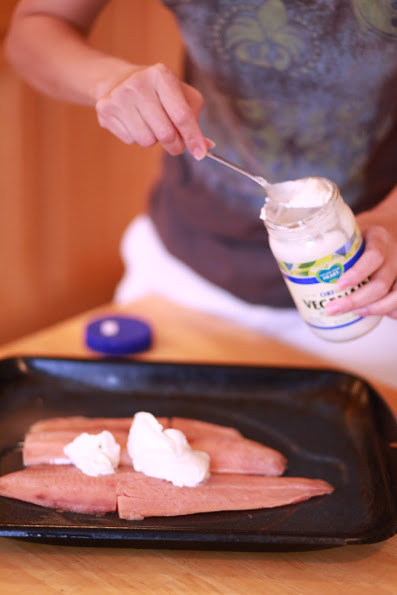 Easy Salmon with Creamy Dill Sauce - Simple Kitchen Series - by Abby Sasscer | Spreading Mayonnaise